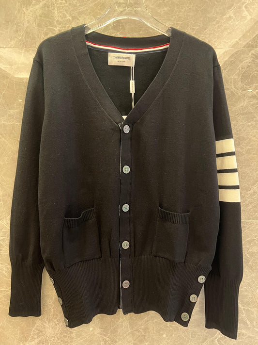 Thom Browne black wool cardigan with signature stripes