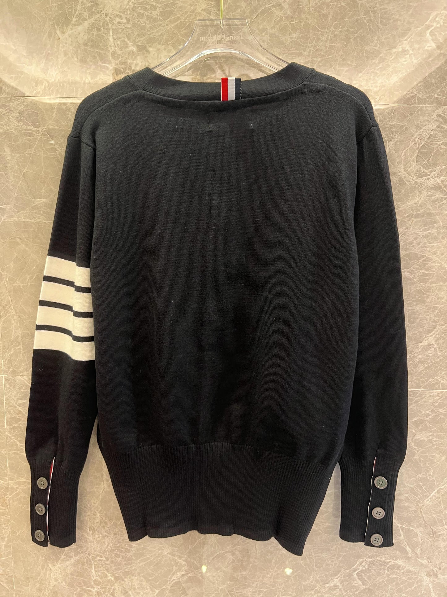 Thom Browne black wool cardigan with signature stripes