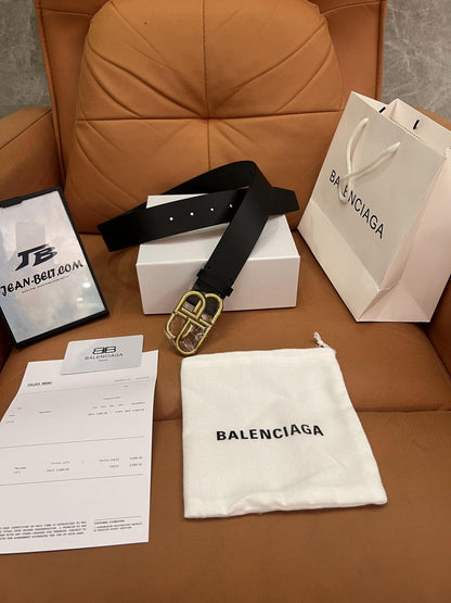 Balenciaga Black Leather Belt with Gold-Tone Buckle