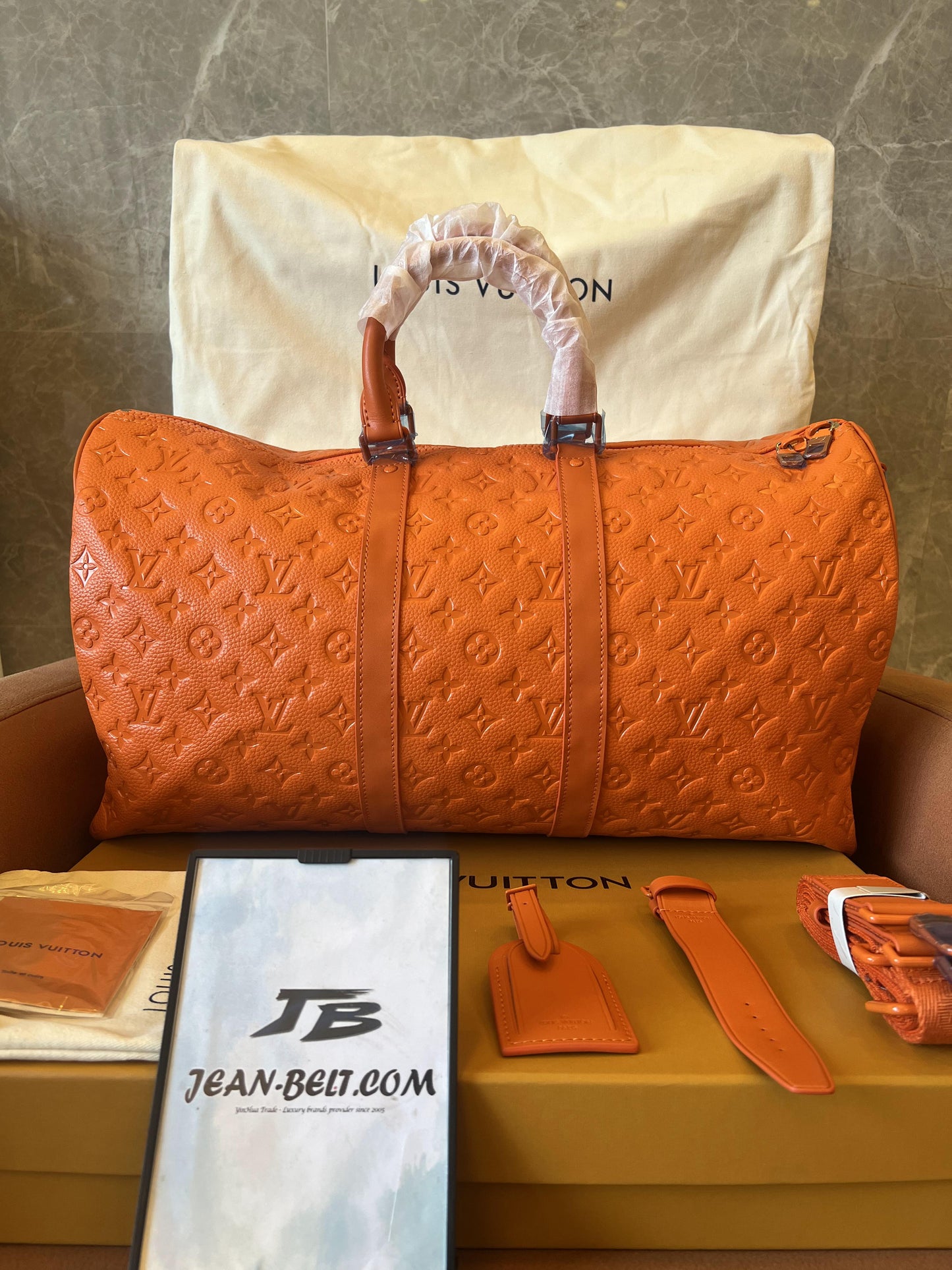 Bolsa de viagem Louis Vuitton Keepall Bandouliere 50 laranja para fim de semana