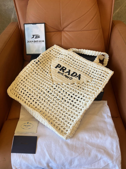 Bolso tote Prada de rafia, tejido abierto blanco