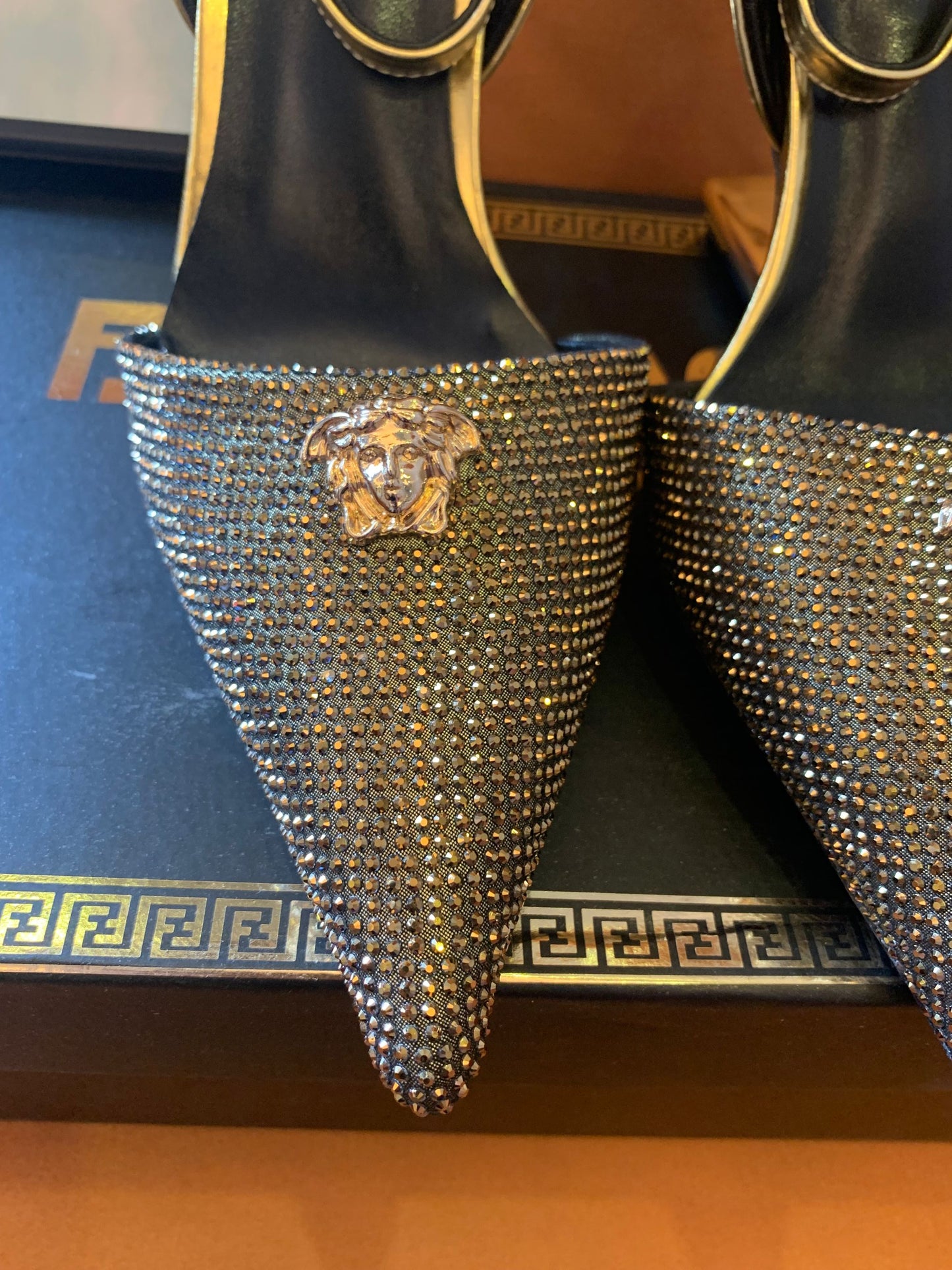 Versace medusa  women's  rhinestone diamond leather buckle pointedhigh heel
