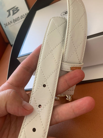 Chanel Quilted Leather Belt with Crystal-Embellished CC Logo Buckle – White