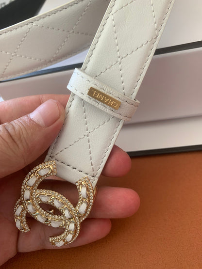 Chanel Quilted Leather Belt with Crystal-Embellished CC Logo Buckle – White