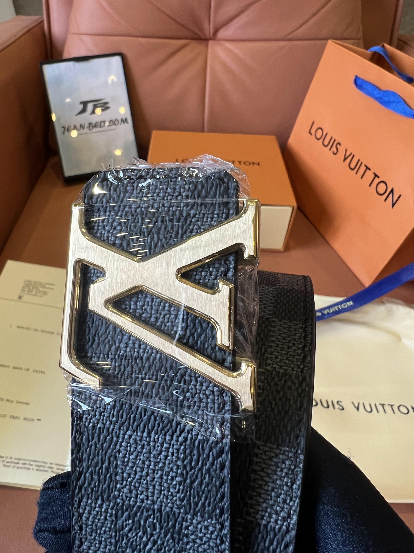 Cinturón de lona Louis Vuitton Damier Graphite con hebilla plateada con iniciales LV