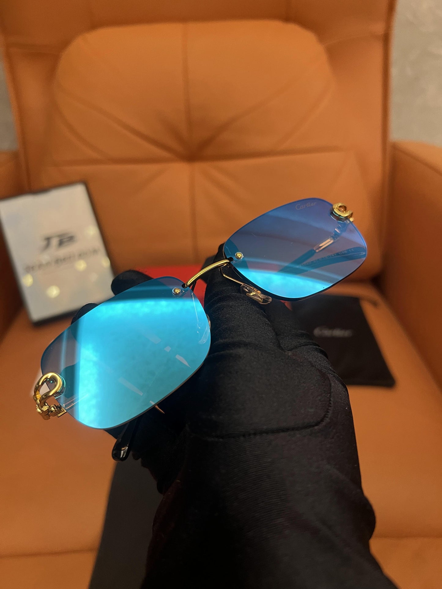 Cartier Rimless Aviator Sunglasses - Gold Frame with Blue Gradient Lenses
