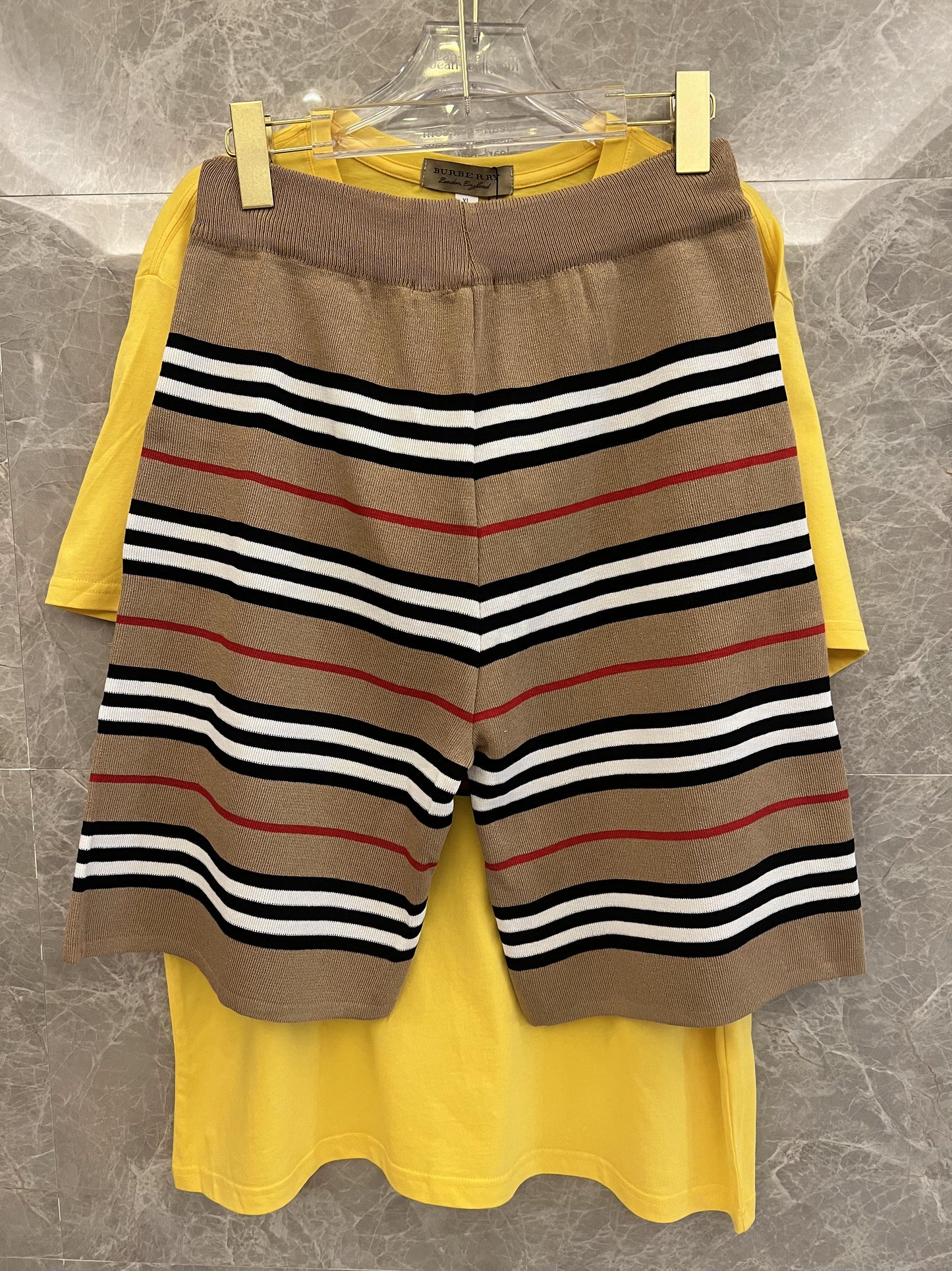 Burberry Yellow Teddy Bear T-shirt & Striped Knit Shorts Set