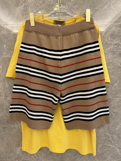 Burberry Yellow Teddy Bear T-shirt & Striped Knit Shorts Set
