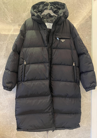 Prada down jacket with fur-trimmed hood in black