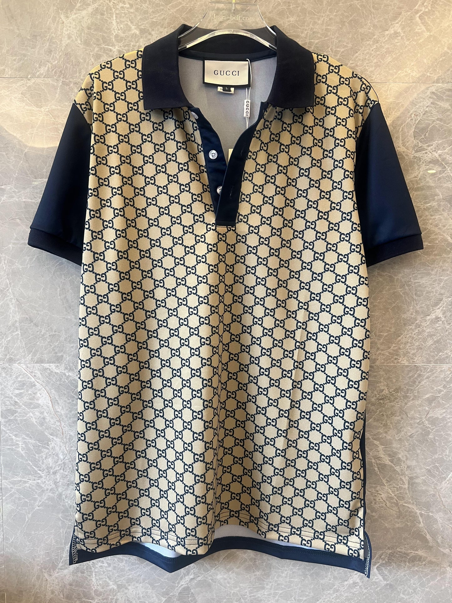 Camisa polo com monograma Gucci e detalhes em azul marinho