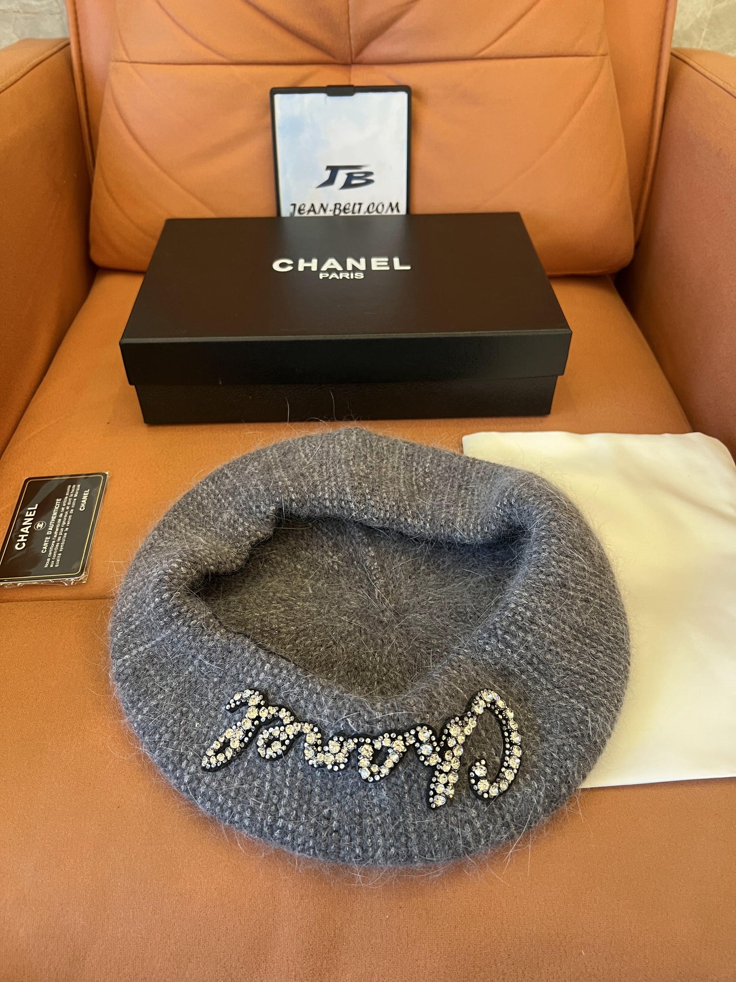 Chanel Grey Mohair Beret with Crystal Embellished Logo