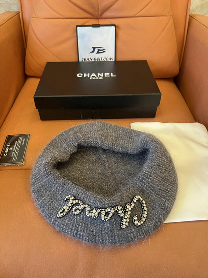 Chanel Grey Mohair Beret with Crystal Embellished Logo