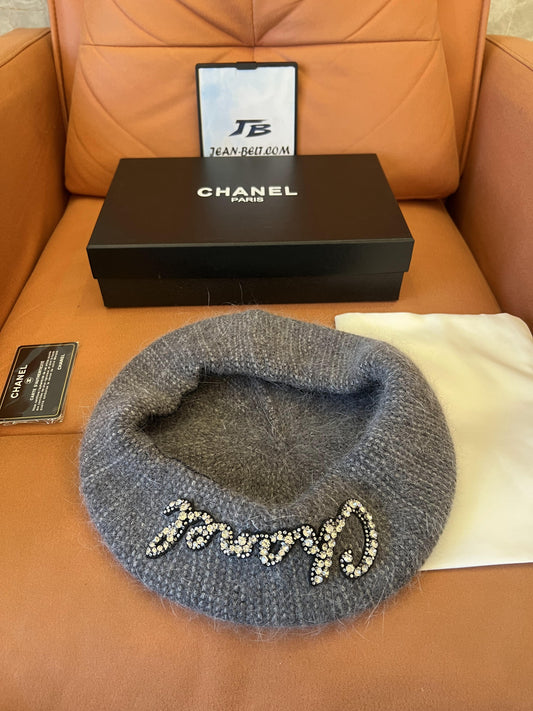 Chanel Grey Mohair Beret with Crystal Embellished Logo