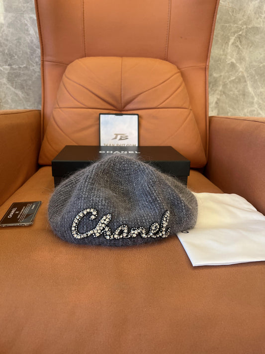 Chanel Grey Mohair Beret with Crystal Embellished Logo