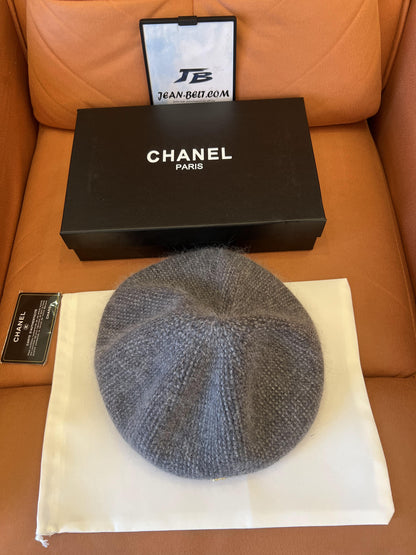 Chanel Grey Mohair Beret with Gold CC Logo