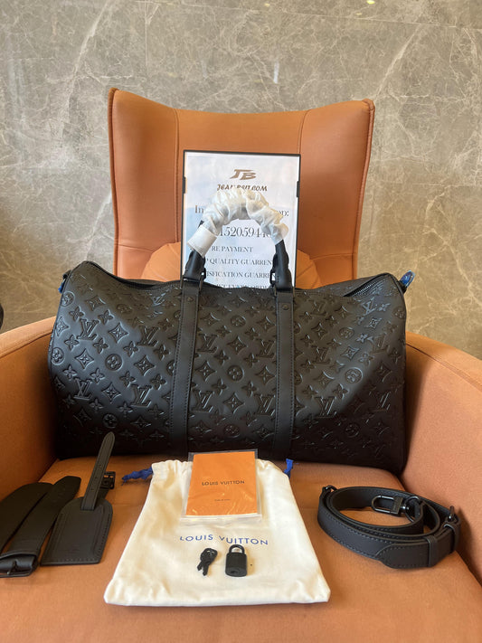 Louis Vuitton Black Embossed Leather Travel Duffle Bag