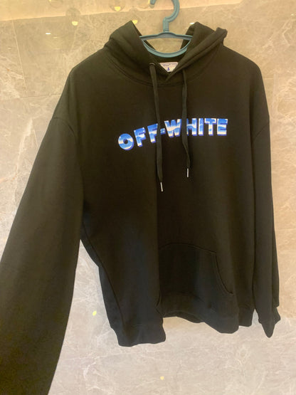 Off-White black hoodie with blue gradient logo and arrows