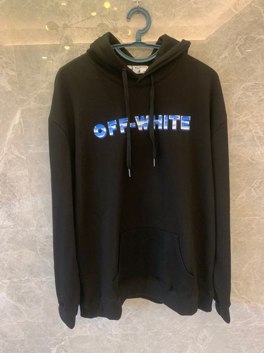 Off-White black hoodie with blue gradient logo and arrows