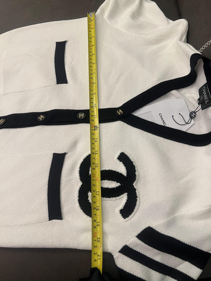 Chanel Classic White Knit Cardigan with Black Detailing and CC Logo