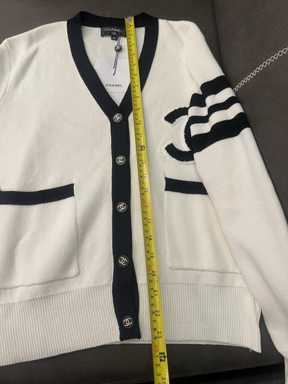 Chanel Classic White Knit Cardigan with Black Detailing and CC Logo
