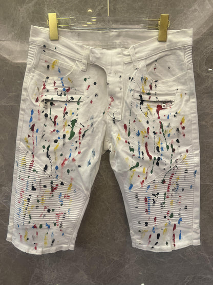 Balmain Paint-Splattered White Denim Shorts