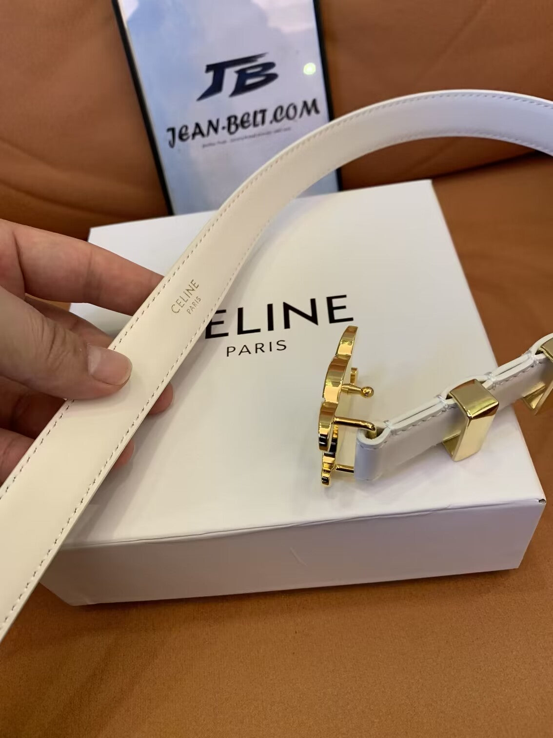 Celine Triomphe Belt in Smooth Calfskin with Gold Buckle – Available in White and Black