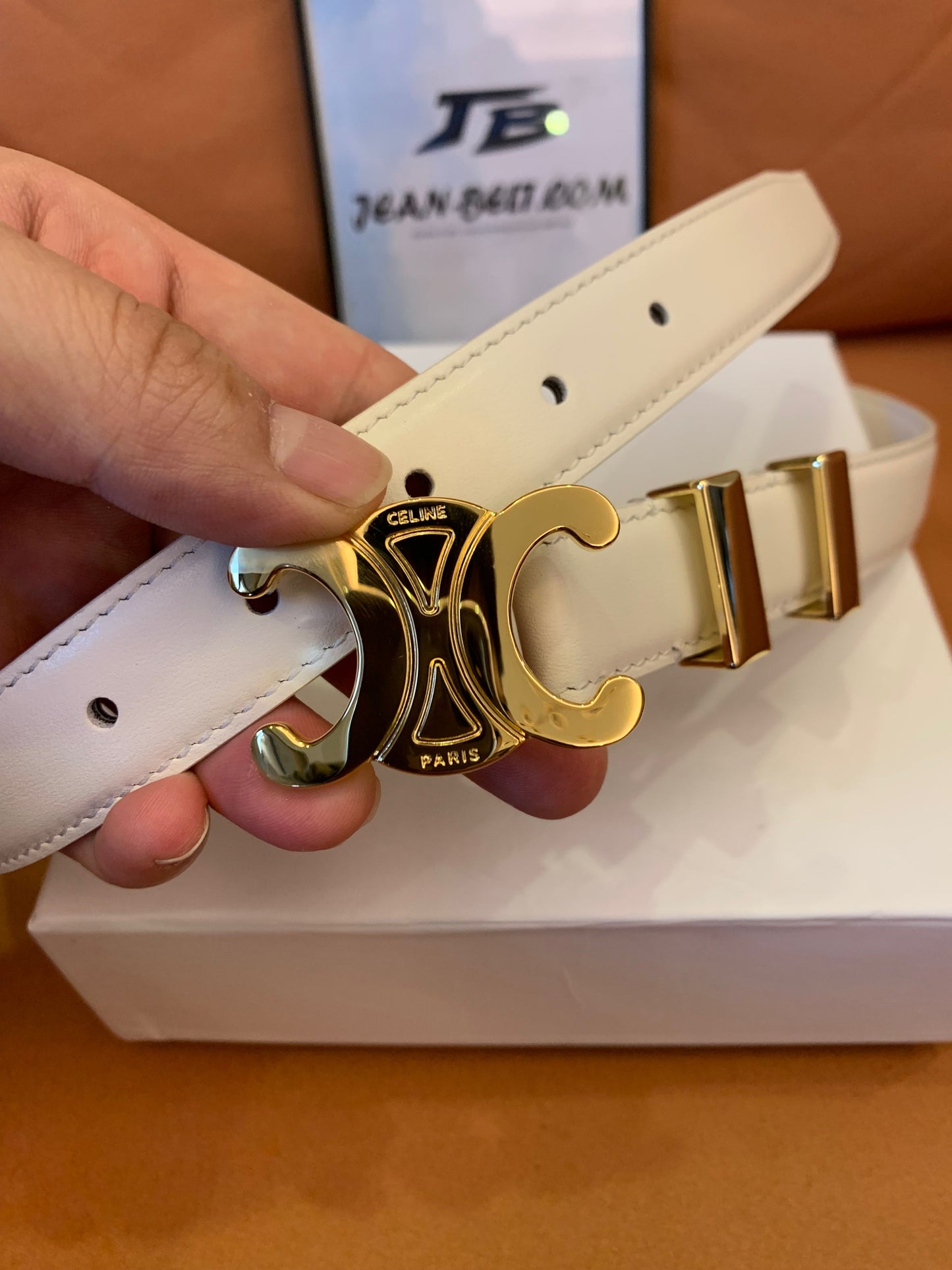 Celine Triomphe Belt in Smooth Calfskin with Gold Buckle – Available in White and Black