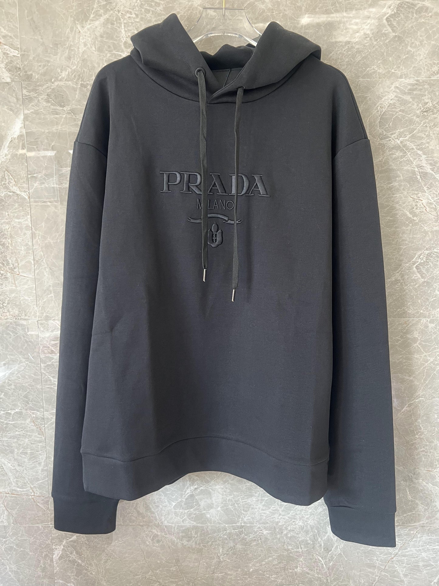 Prada men’s black embroidered logo hoodie