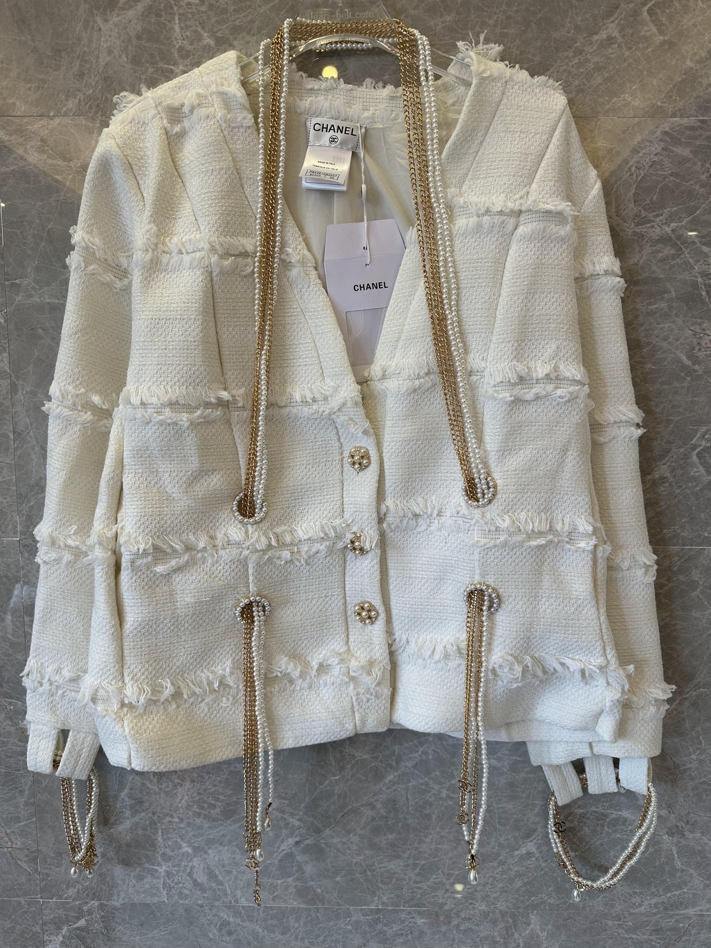 Chanel Frayed Tweed Cardigan with Pearl and Chain Embellishments