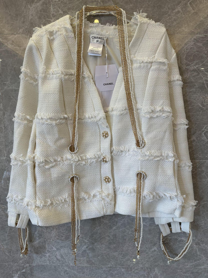 Chanel Frayed Tweed Cardigan with Pearl and Chain Embellishments