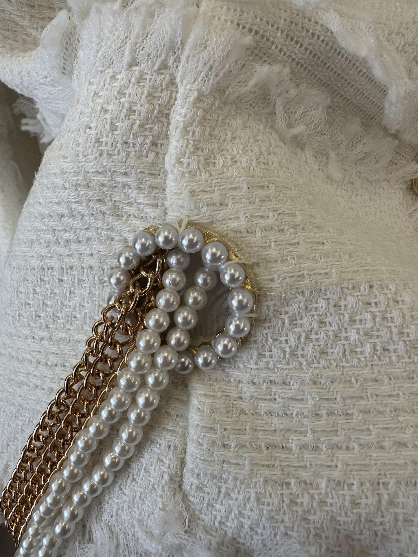 Chanel Frayed Tweed Cardigan with Pearl and Chain Embellishments