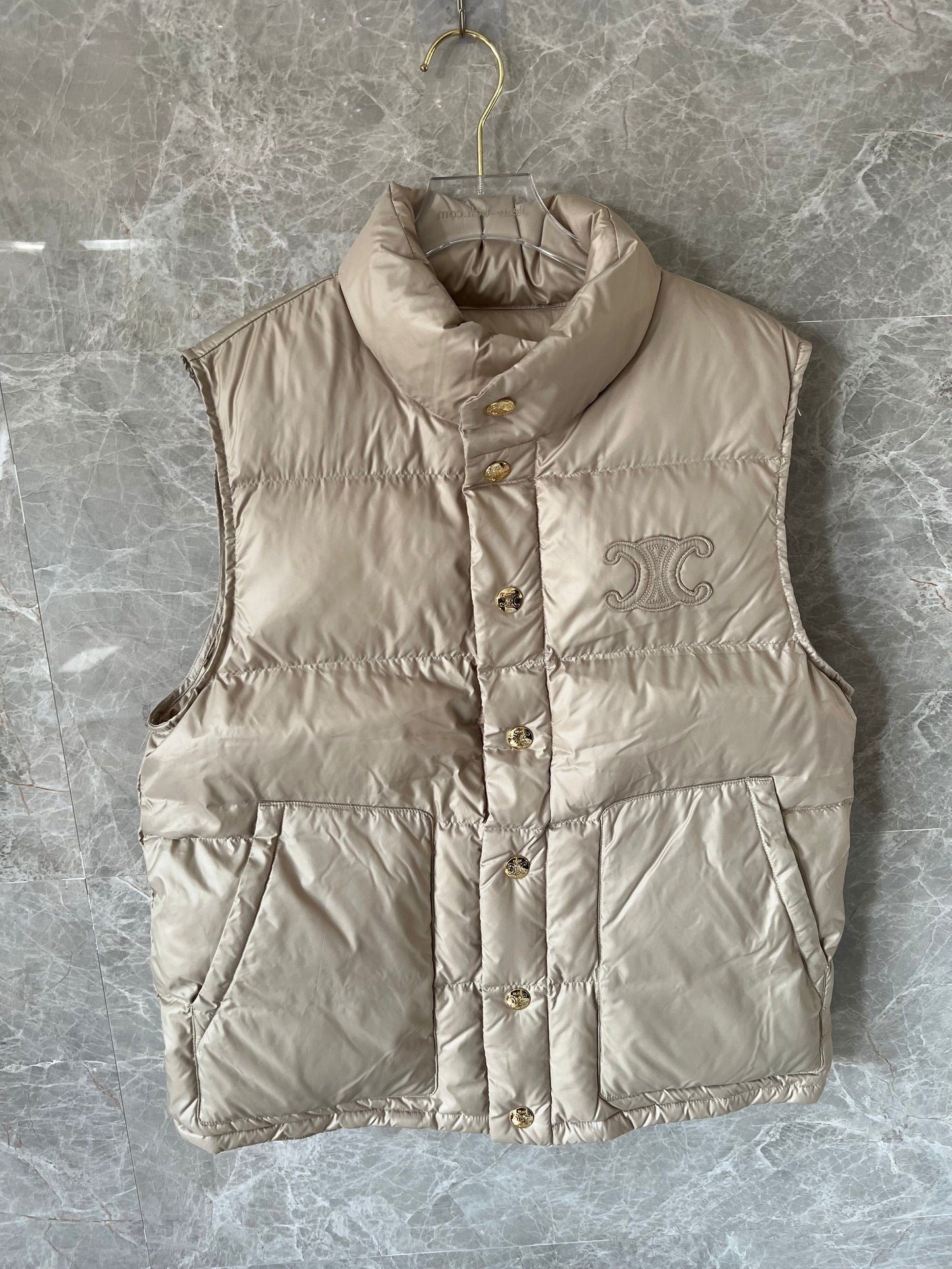 Celine Beige Quilted Down Vest with Logo Detail