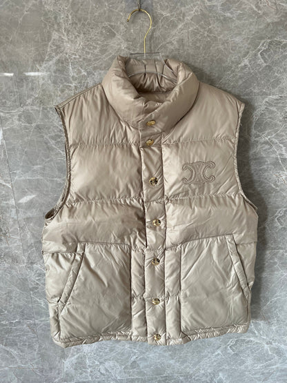 Celine Beige Quilted Down Vest with Logo Detail