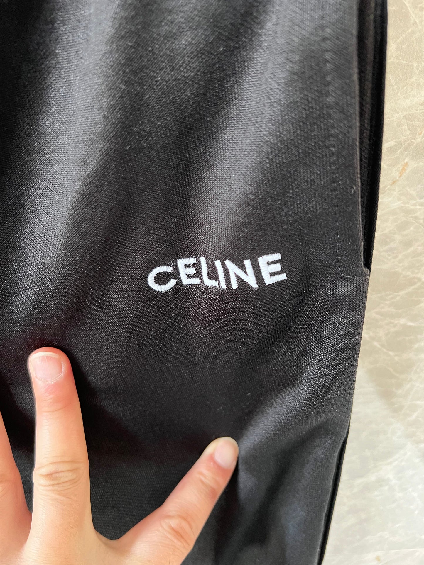 Celine Men's Black Track Pants with White Side Stripes