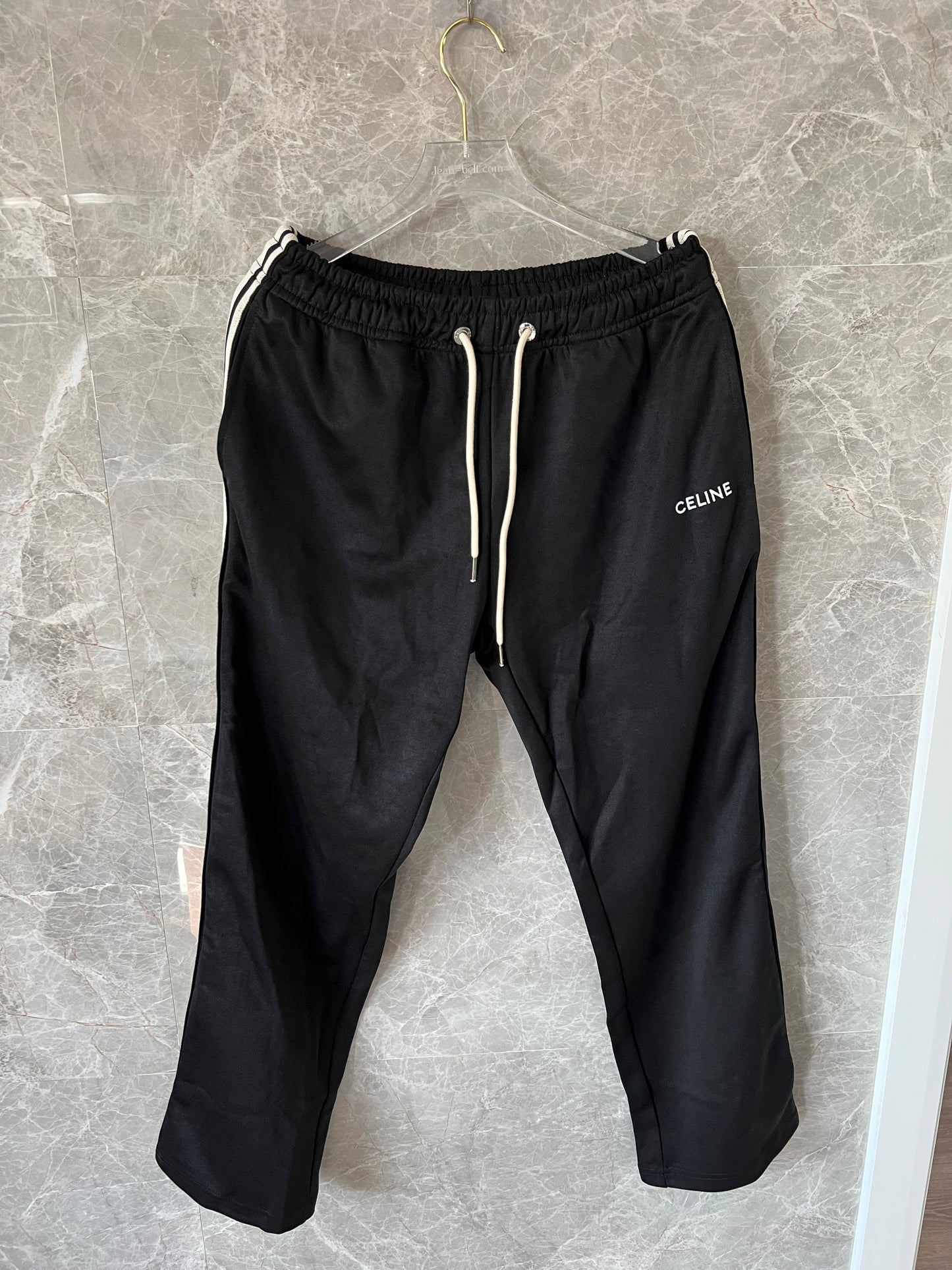 Celine Men's Black Track Pants with White Side Stripes