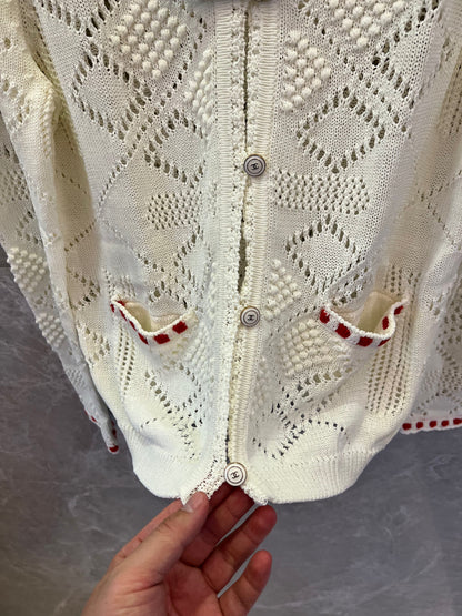 Chanel white Knitted Cardigan with Red Accents