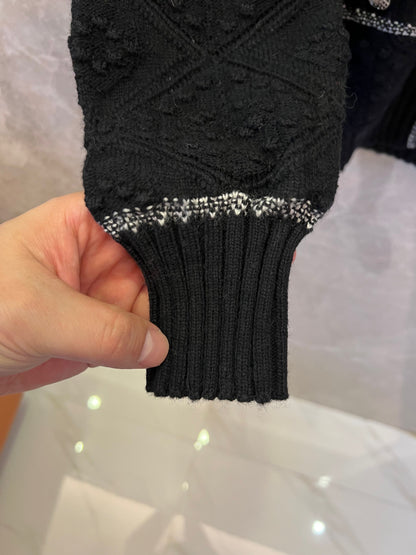 Chanel Black Diamond Knit Cardigan with Silver Trim