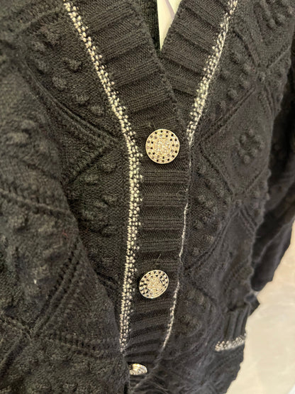 Chanel Black Diamond Knit Cardigan with Silver Trim