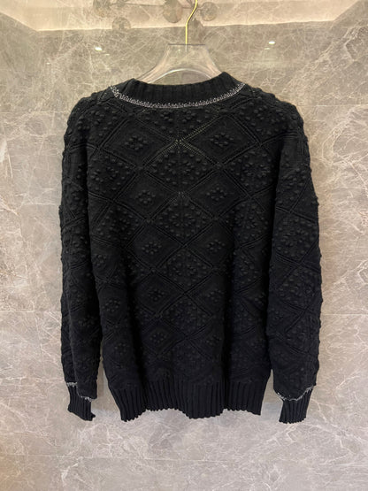 Chanel Black Diamond Knit Cardigan with Silver Trim