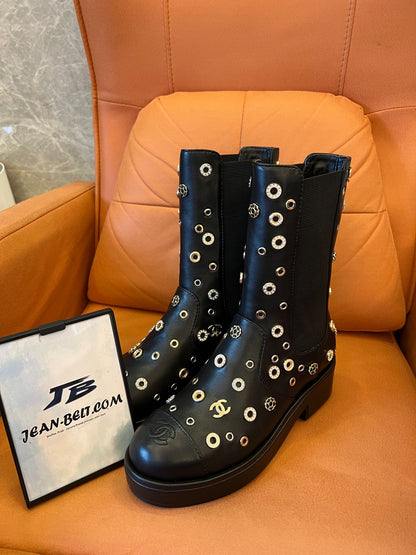 Chanel Lambskin Riveted Cap Toe Short Boots