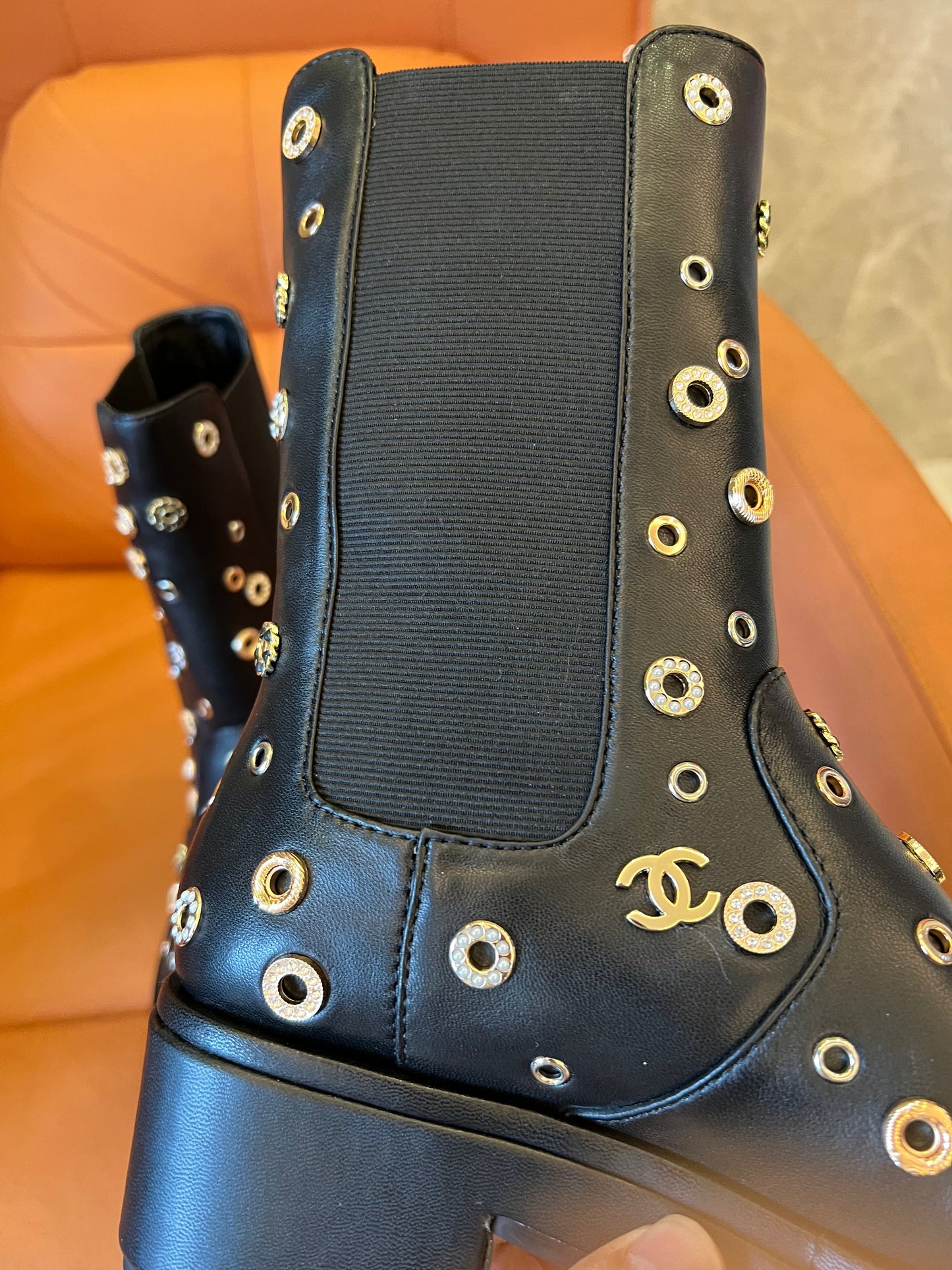 Chanel Lambskin Riveted Cap Toe Short Boots