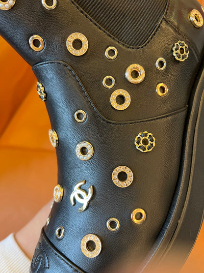 Chanel Lambskin Riveted Cap Toe Short Boots