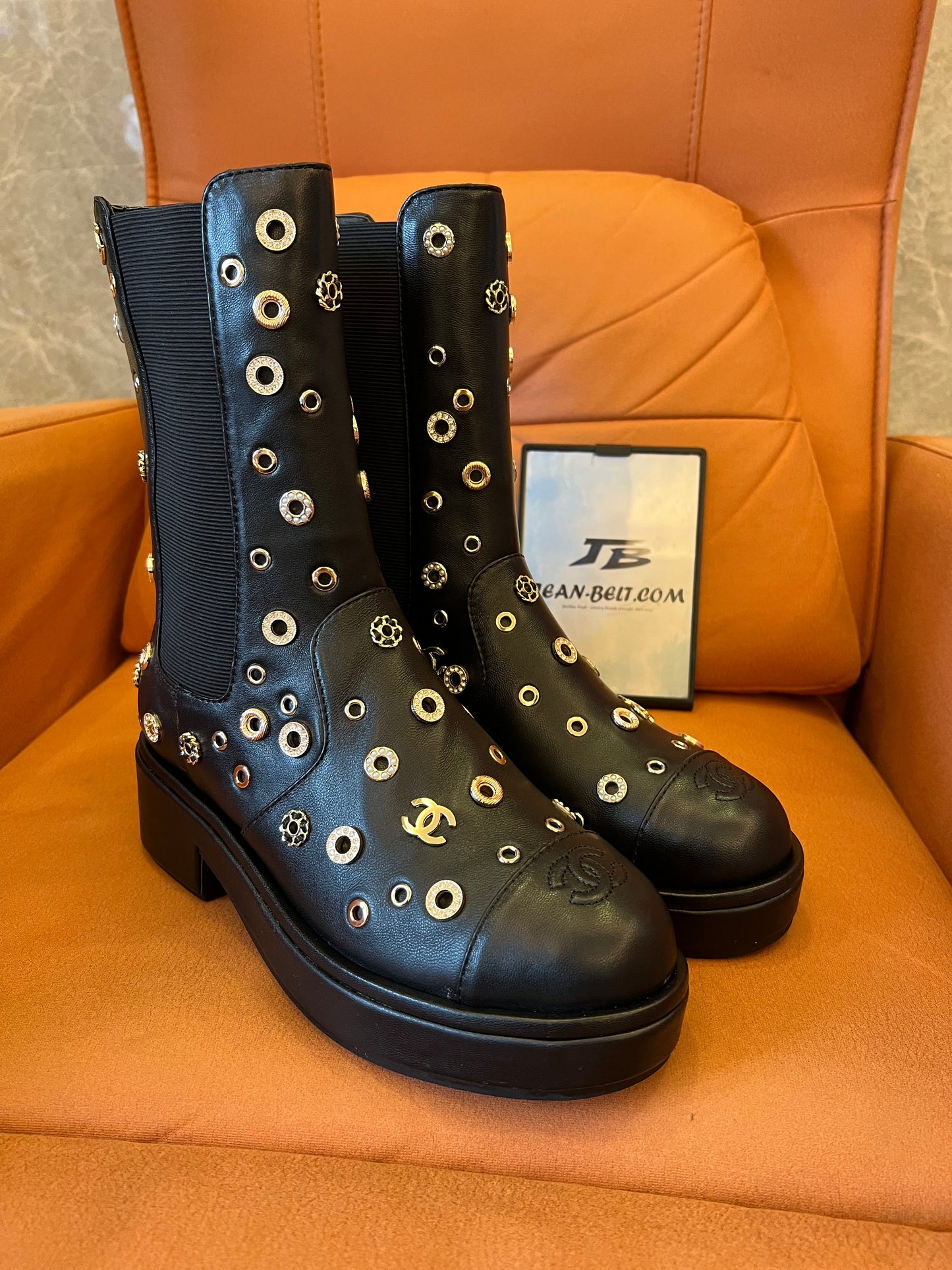 Chanel Lambskin Riveted Cap Toe Short Boots
