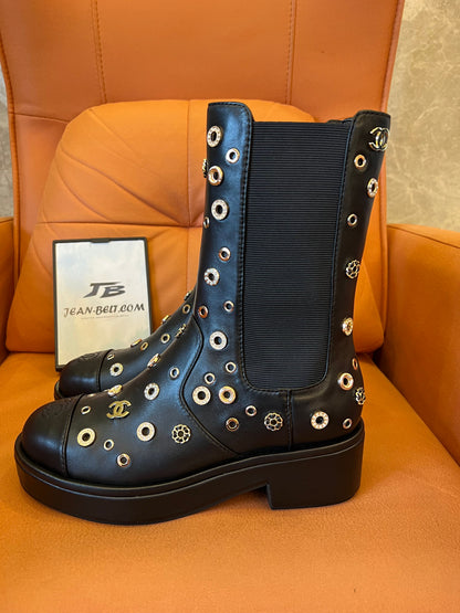 Chanel Lambskin Riveted Cap Toe Short Boots
