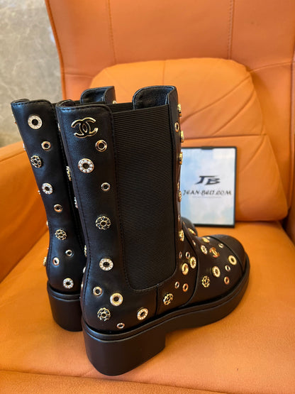 Chanel Lambskin Riveted Cap Toe Short Boots