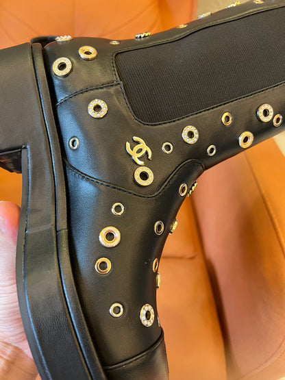 Chanel Lambskin Riveted Cap Toe Short Boots