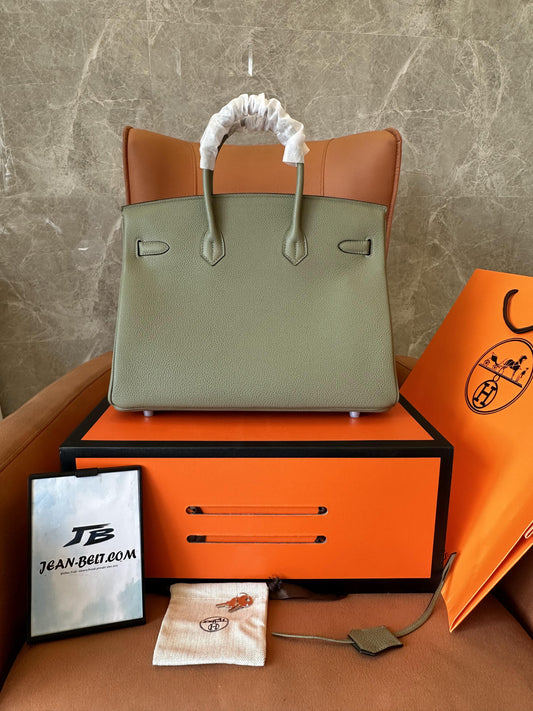[Full Handmade]Hermès Birkin 32 Olive Green Clemence Leather Bag with Palladium Hardware
