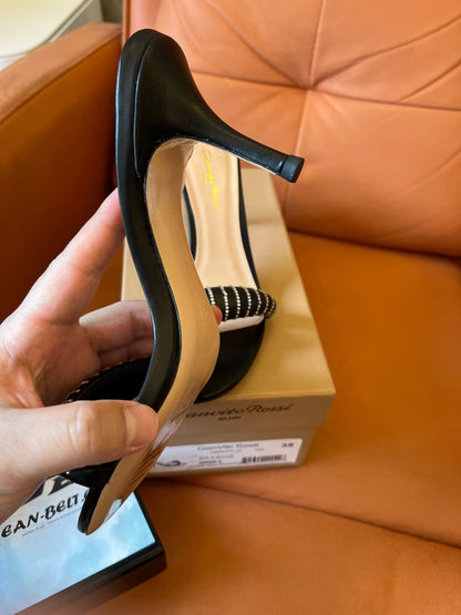 Mule Gianvito Rossi preto de mulher com aplicação de cadarço e 85 mm