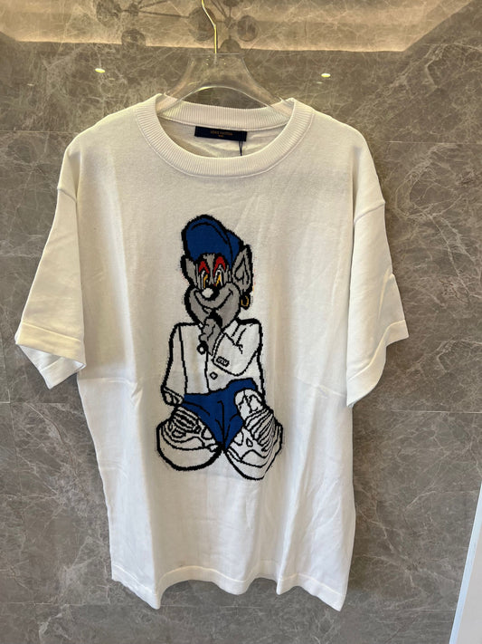 Camiseta blanca de Louis Vuitton con logotipo bordado y gráfico de dibujos animados