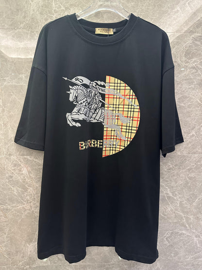 Burberry Black T-shirt with Knight Graphic and Iconic Check Half-Moon Design